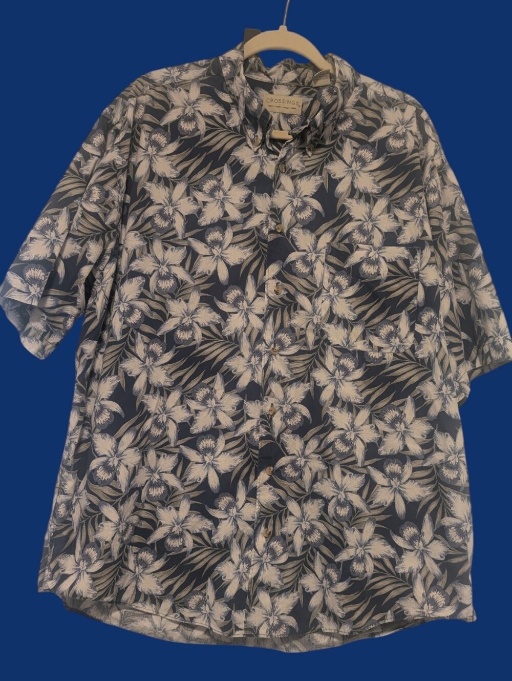 VGUC Crossings Shirt Mens 2XLT Blue Hawaiian Floral Short‎ Sleeve Tropical Shirt